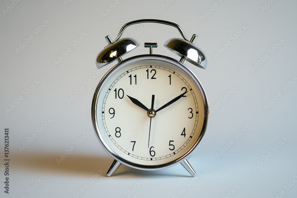 A chrome finished alarm clock displaying ten past ten oclock A chrome finished alarm clock displaying ten past ten oclock