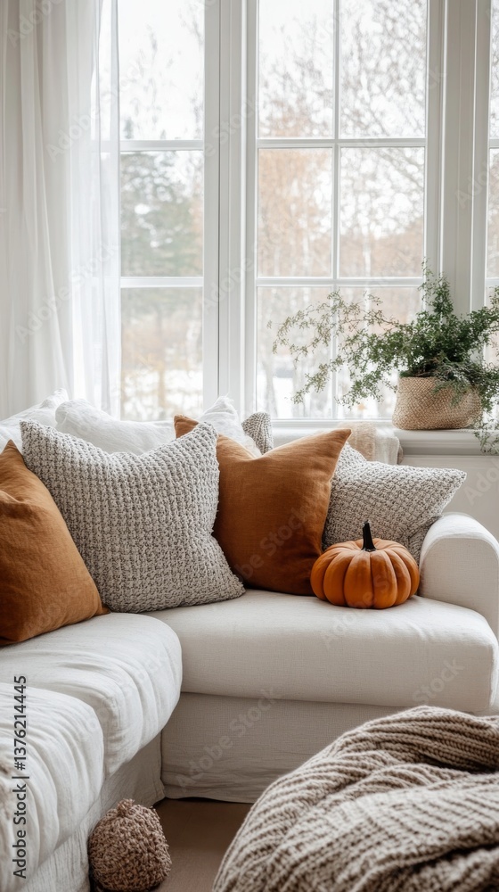 Cozy Autumn Living Room With Warm Colors and Decorative Pumpkins on the Sofa Cozy Autumn Living Room With Warm Colors and Decorative Pumpkins on the Sofa