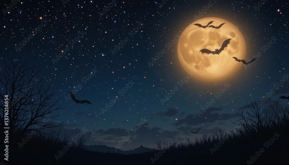 Starry Night Sky with Full Moon and Flying Bat Silhouettes Vector Illustration Starry Night Sky with Full Moon and Flying Bat Silhouettes Vector Illustration