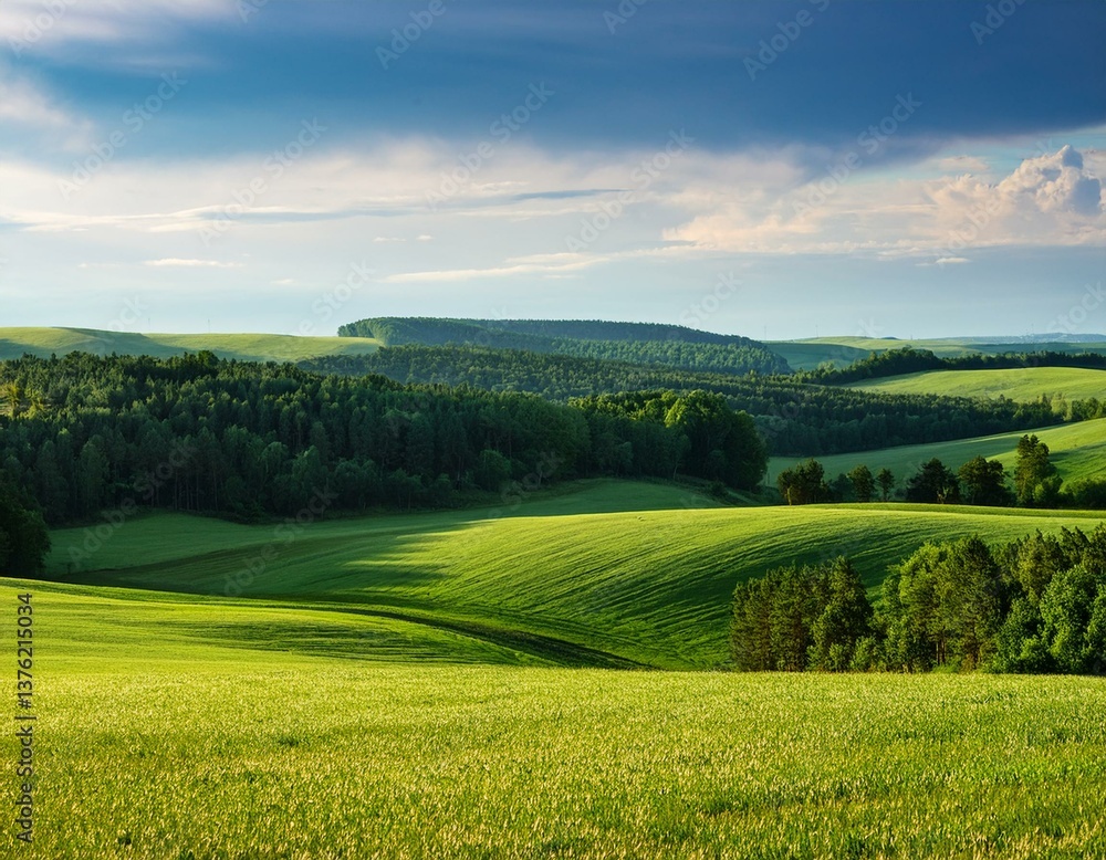 Obraz premium Summer landscape with hilly green field and forest in the distance