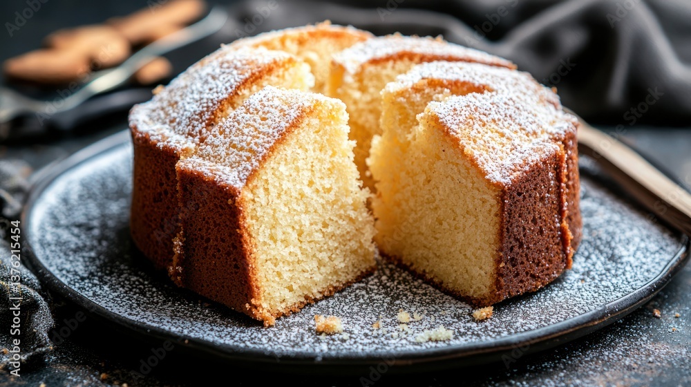 Sliced pound cake with a light dusting of sugar. Sliced pound cake with a light dusting of sugar.