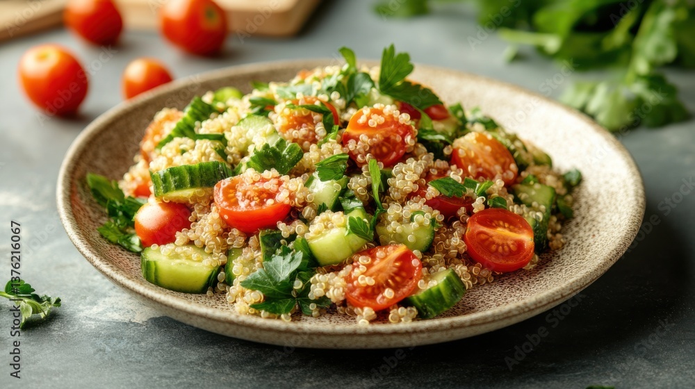 Fresh quinoa salad with cherry tomatoes and cucumbers served on a textured plate in a bright kitchen setting Fresh quinoa salad with cherry tomatoes and cucumbers served on a textured plate in a bright kitchen setting