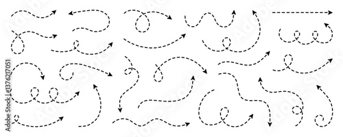 Dash line arrows doodle set.  Dotted zigzag arrow stripes, curved pointers. Hand drawn vector illustration isolated on white background