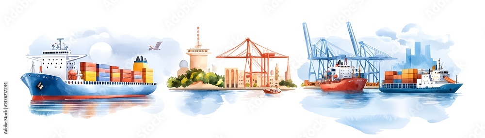 Fototapeta premium Global trade growth at a bustling port watercolor depiction of cargo ships maritime industry vibrant environment