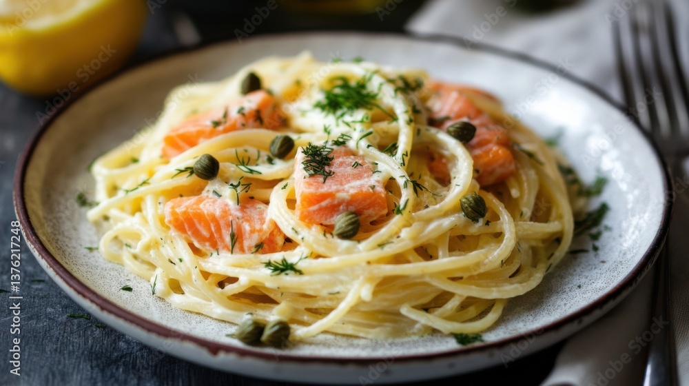Delicious spaghetti with salmon, capers, and herbs on a rustic table setting Delicious spaghetti with salmon, capers, and herbs on a rustic table setting