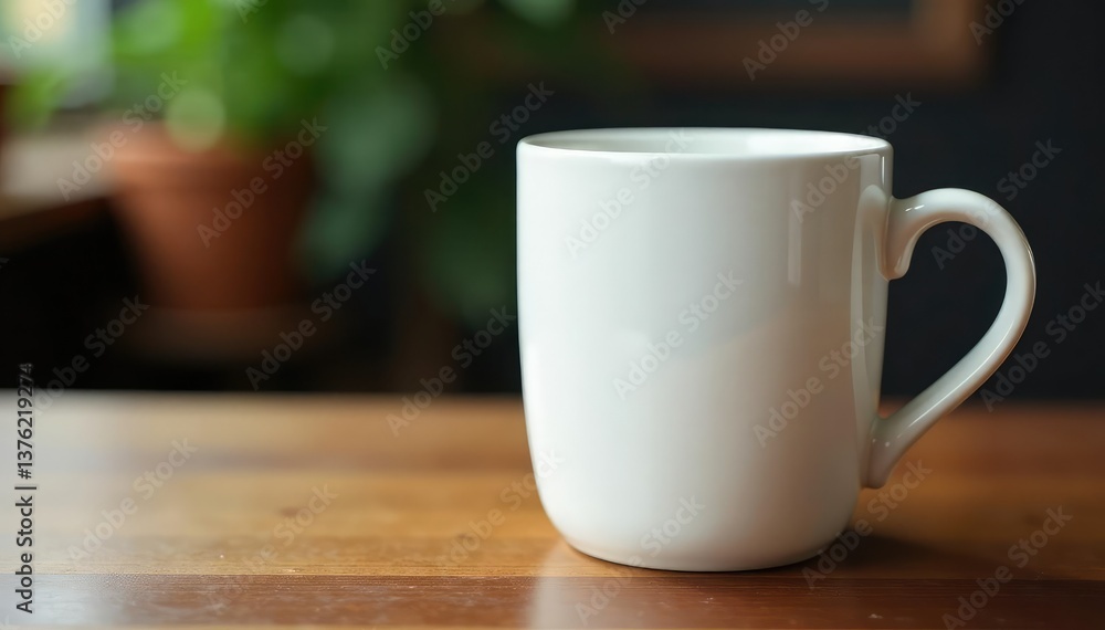 Classic white ceramic mug, handle detail visible, white, blank, handle Classic white ceramic mug, handle detail visible, white, blank, handle