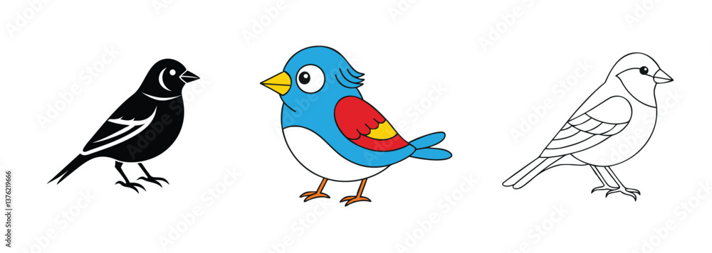 Naklejka premium Three Bird Illustrations Silhouetted, Colorful, and Outline Drawings