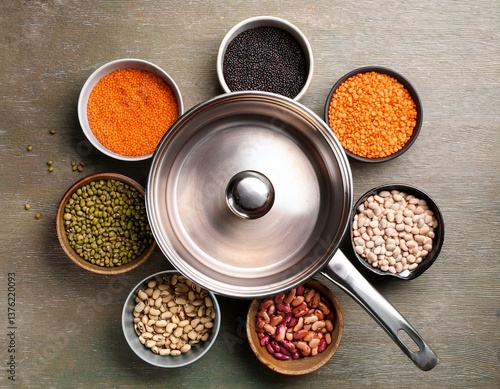 Top view of various leguminous with a cookware