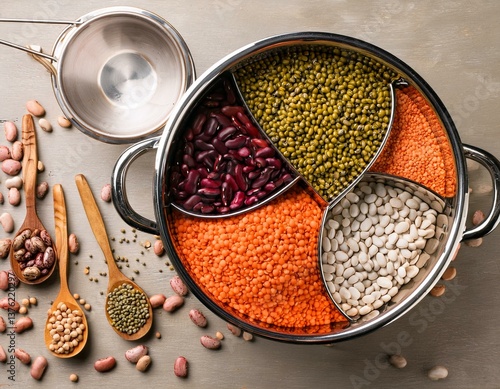 Top view of various leguminous with a cookware