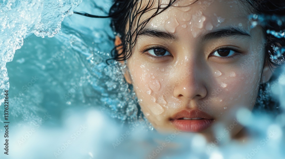 Woman submerged in water enjoys a serene moment with droplets clinging to her face in peaceful harmony with nature Woman submerged in water enjoys a serene moment with droplets clinging to her face in peaceful harmony with nature