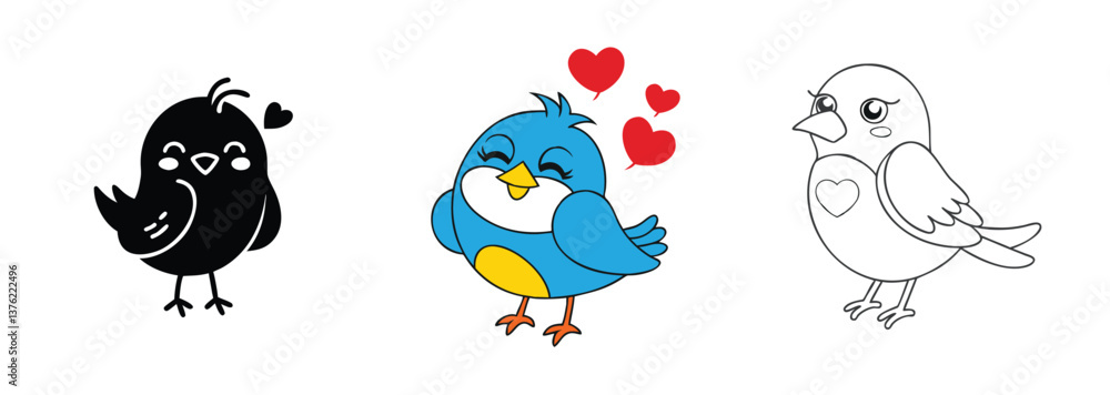 Obraz premium Cute Cartoon Birds Love, Silhouettes, Coloring Page