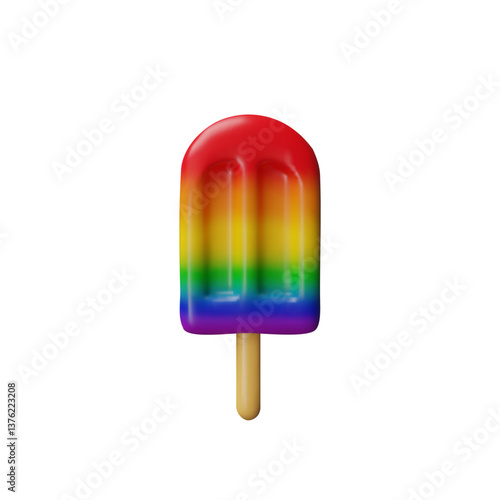 3d sweet rainbow ice cream. Cold fresh snack for pride month. Gay love, lesbian sign, transgender community. LGBTQ equal rights. Pride month design for parade. Three-dimensional vector illustration