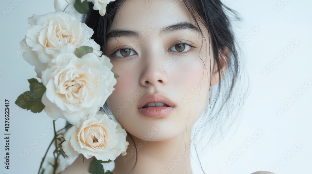 Portrait of a young woman surrounded by white roses in a serene setting with soft lighting Portrait of a young woman surrounded by white roses in a serene setting with soft lighting