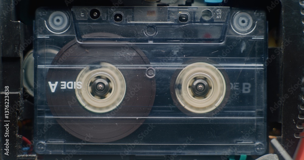 Fototapeta premium Retro Audio Cassette Tape Playing 90s Mixtapes Sound, Reels Spinning. Playback of Old Music Collection Using Hi-Fi Vintage Sound System with Nostalgic Atmosphere. Reel Tape Recorder. Macro Close Up.