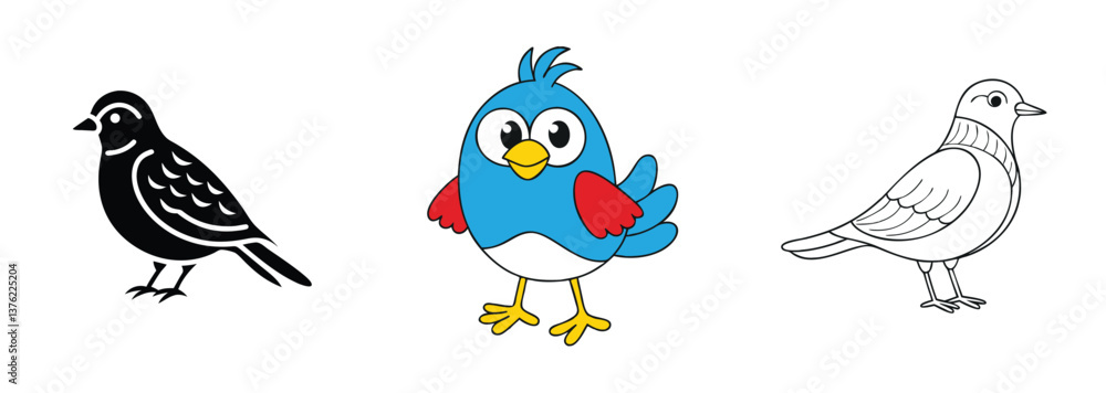 Obraz premium Three Cartoon Birds Silhouette, Blue Bird, Coloring Page