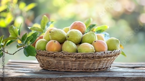 Wallpaper Mural A basket filled with assorted guava fruits placed on a rustic outdoor table in a garden setting.  Torontodigital.ca