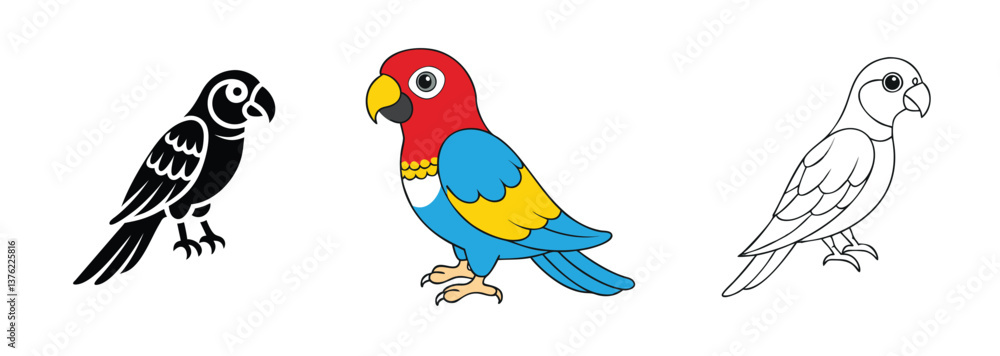 Fototapeta premium Colorful Parrot Illustrations Black, Color, Outline Drawings