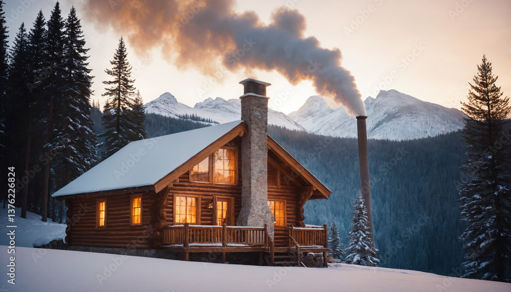 Smoke Rising from Cabin in Snowy Mountain Range Smoke Rising from Cabin in Snowy Mountain Range