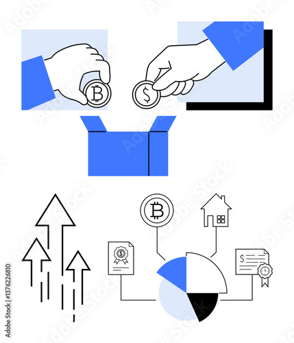 Hands contributing cryptocurrency and fiat currency into a box, arrows representing growth, a pie chart connecting assets thumbs up crypto, documents, and real estate. Ideal for finance, blockchain
