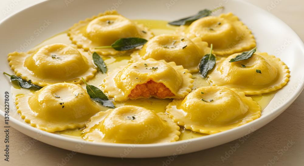 Delicious golden butternut squash ravioli drizzled with aromatic sage butter sauce Delicious golden butternut squash ravioli drizzled with aromatic sage butter sauce