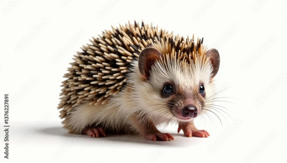 Small hedgehog, curled in defensive posture, isolated on pure white background, brown, wildlife Small hedgehog, curled in defensive posture, isolated on pure white background, brown, wildlife