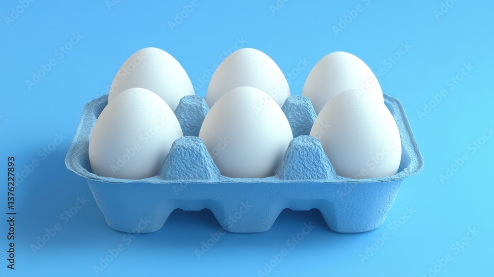 A photostock of six white eggs in a blue carton, blue background, minimal style illustration A photostock of six white eggs in a blue carton, blue background, minimal style illustration