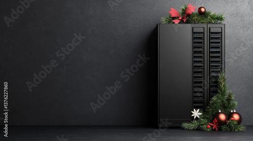 Festive Server Room Decor - Black server with Christmas decorations, perfect for holiday IT or technology concepts. Dark background