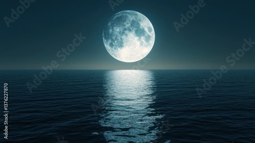 A serene view of a full moon reflecting on calm ocean waters under a dark sky.
