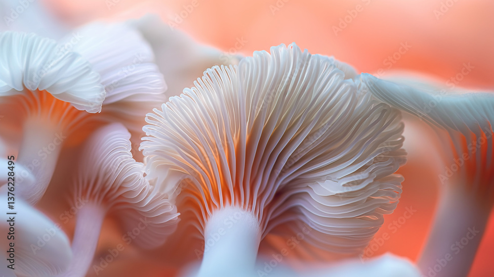 Close-up of white mushrooms with pink-orange background lighting. Close-up of white mushrooms with pink-orange background lighting.