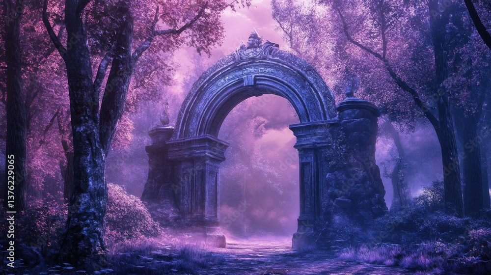 Fototapeta premium Illustration enchanting purple forest ruins gateway. Mystic Arch. Illustration illustration