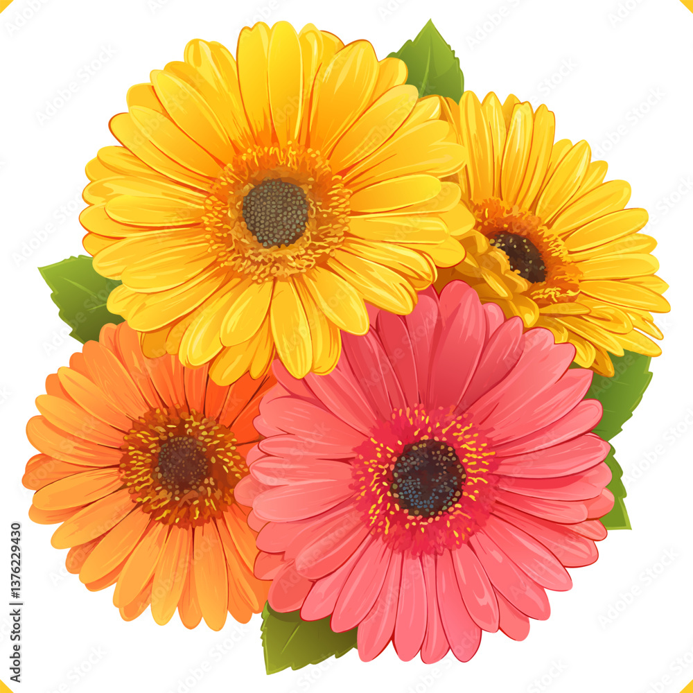 Flat vector illustration of gerberas on the white background. Top view. Pink and yellow flowers and green leafs. Vector EPS 10 Flat vector illustration of gerberas on the white background. Top view. Pink and yellow flowers and green leafs. Vector EPS 10