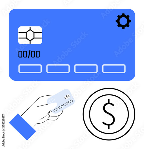 Digital chip card with settings gear, hand holding credit card, and large dollar icon. Ideal for payment, finance, banking, transaction, shopping savings digital economy themes. Flat simple
