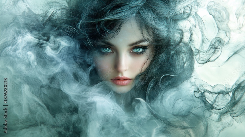 A captivating portrait of a woman with ethereal features, surrounded by swirling smoke, creating an enchanting and mysterious atmosphere. A captivating portrait of a woman with ethereal features, surrounded by swirling smoke, creating an enchanting and mysterious atmosphere.
