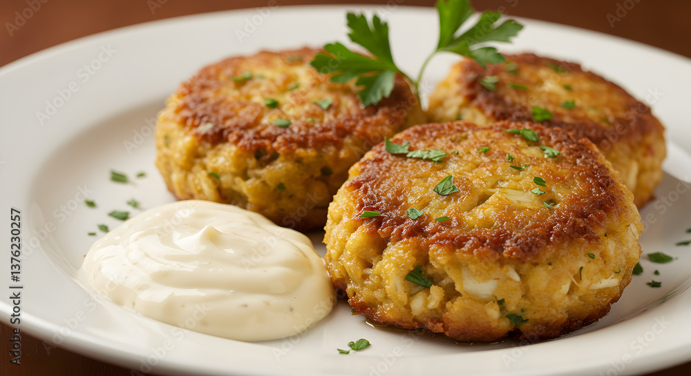 Fototapeta premium Delicious golden crab cakes served with creamy remoulade sauce on white plate