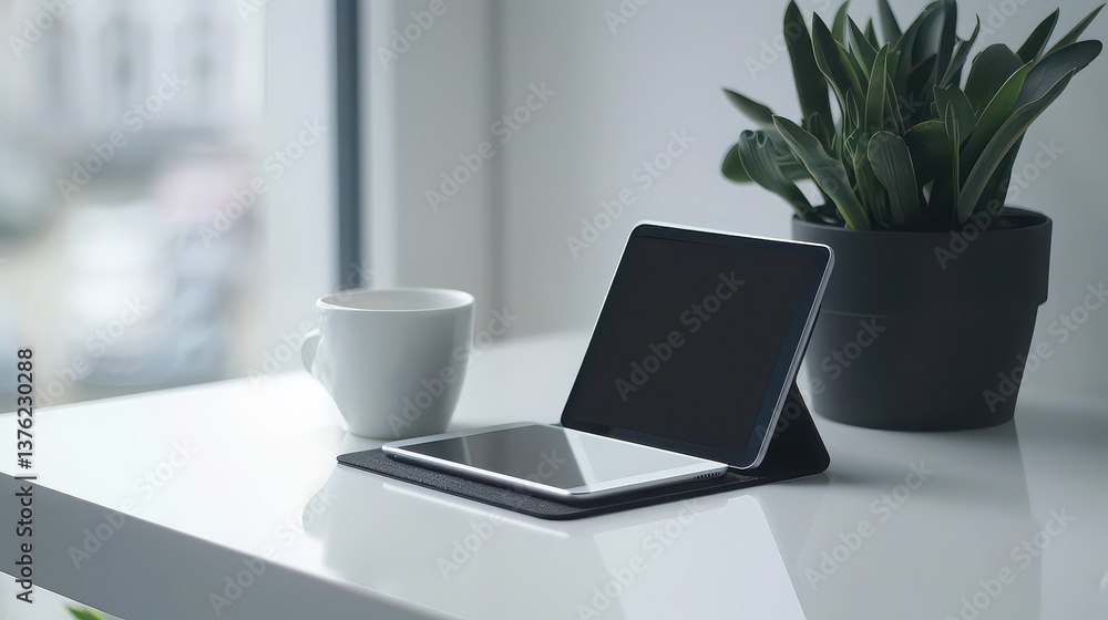 Fototapeta premium Minimalistic workspace setup with a tablet and coffee cup on a white desk
