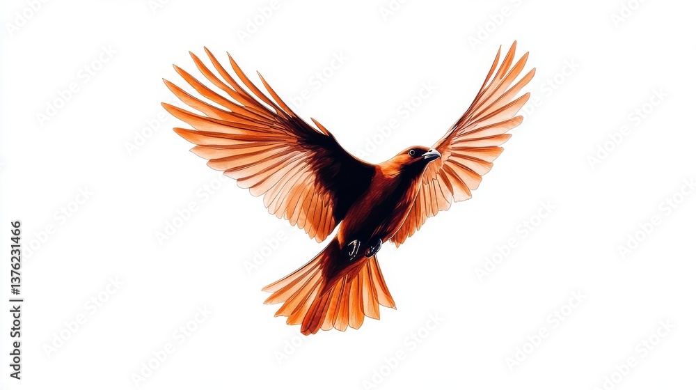 Fototapeta premium Majestic Bird Soaring Against Minimalist White Background with Outstretched Wings; Keywords. illustration