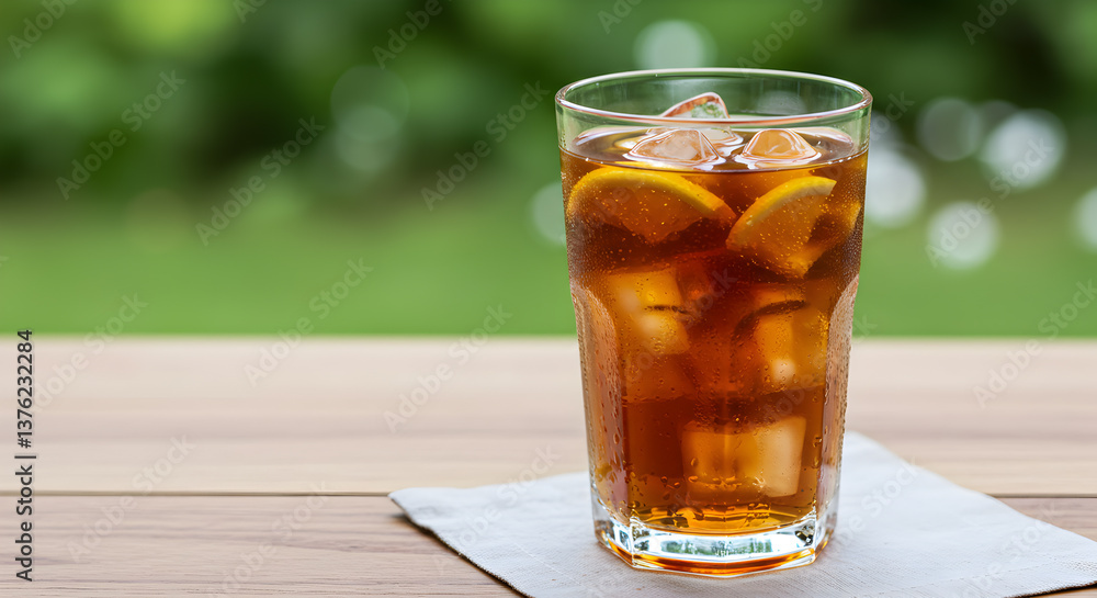 Refreshing Iced Burdock Root Tea with Lemon Slices on a Wooden Surface Refreshing Iced Burdock Root Tea with Lemon Slices on a Wooden Surface