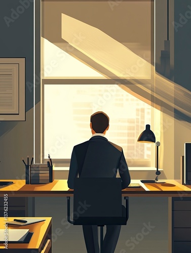 Businessman Working at Desk Looks at Cityscape Through Office Window