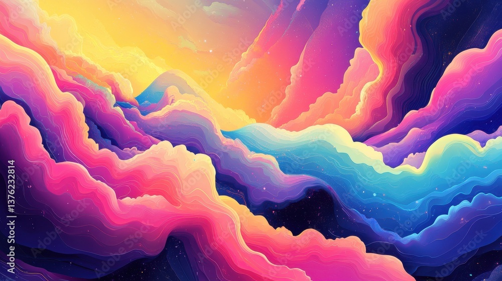 Fototapeta premium Vibrant, colorful cloud formation with gradient hues of pink, purple, blue, and yellow, resembling a dreamy, whimsical sky. illustration