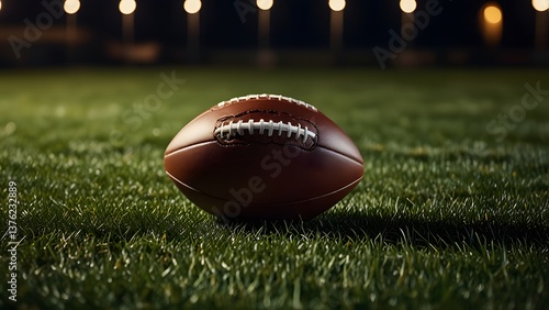 Close-up of american football on green grass field in night. Leather ball with laces lies on turf. Concept of sport game, autumn season. Football season start, professional sport competition.  photo