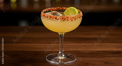 Exotic mezcal margarita cocktail with chili salt rim on wooden table top