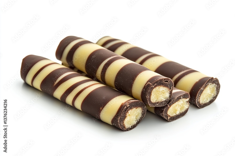 Three chocolate-covered cream sticks, arranged diagonally, showcasing a creamy white filling and dark chocolate stripes Three chocolate-covered cream sticks, arranged diagonally, showcasing a creamy white filling and dark chocolate stripes