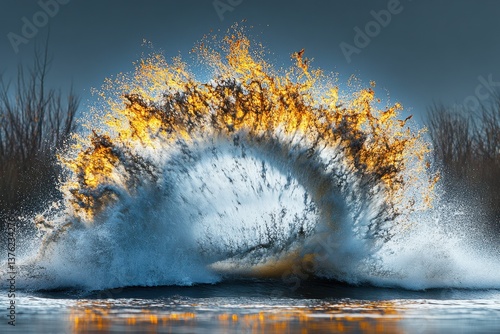 Golden water explosion. A breathtaking moment captured as water erupts in a radiant arc, showcasing nature's raw power and beauty.