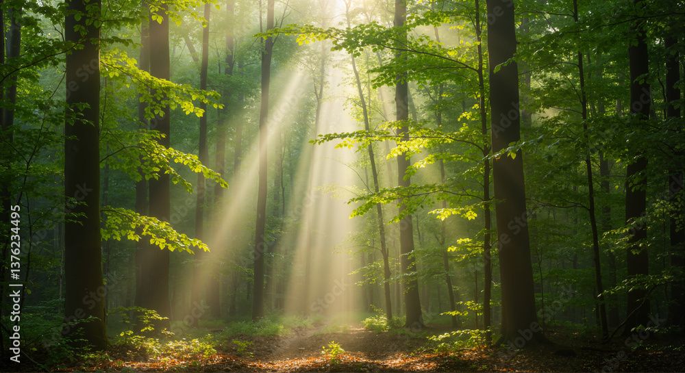 Naklejka premium Sunlight Filtering Through Green Forest Trees 