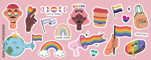 LGBTQ stickers set. Flat hand drawn elements for Pride Month. Rainbow, hearts, flags, coffee cup, donut. Isolated vector illustrations 