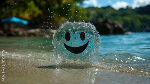 A smiling water splash on a sunny beach, embodying joyful summer vibes.