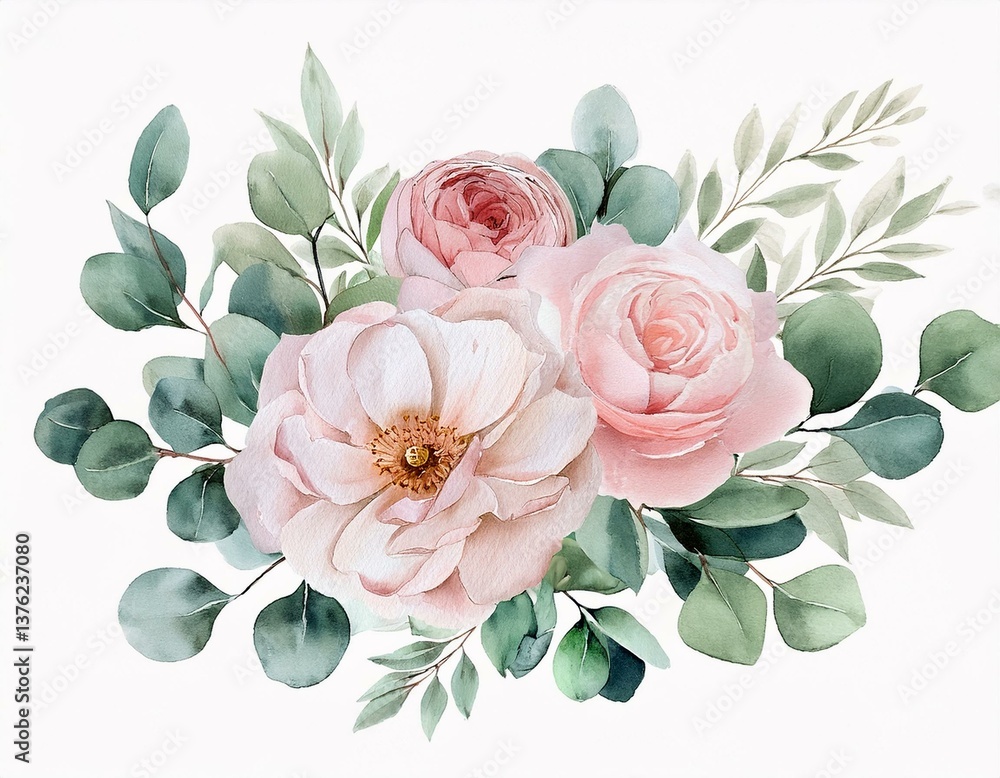 Fototapeta premium Watercolor floral illustration. Pink flowers and eucalyptus leaves
