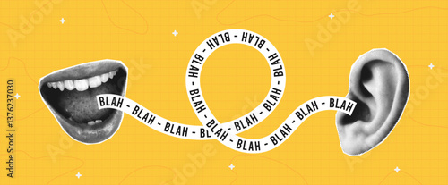 Halftone collage banner with female mouth speaks into ear and strip with text - blah blah. Halftone poster with collage elements. Concept of gossip, secret and communication. Vector.