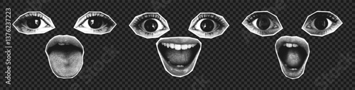Female eyes and mouth combined into one portrait or avatar in collage style with halftone effect. Set of halftone faces with different emotions - sticks out tongue, screams, wow. Vector.