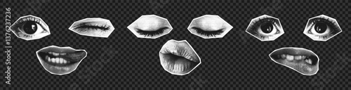 Female eyes and mouth combined into one portrait or avatar in collage style with halftone effect. Set of halftone girl faces with different emotions - wink, kiss and lip biting. Vector.